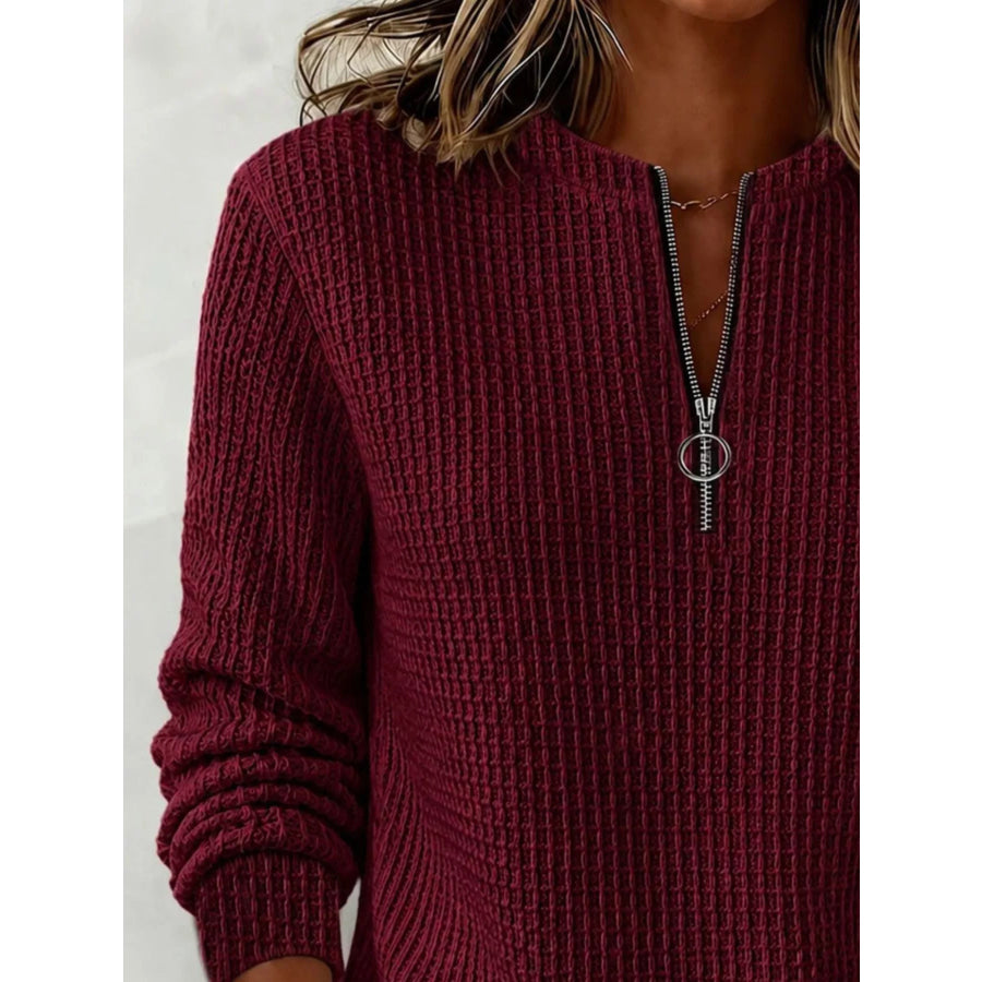 Full Size Quarter-Zip Waffle Knit Sweatshirt Plus Apparel and Accessories