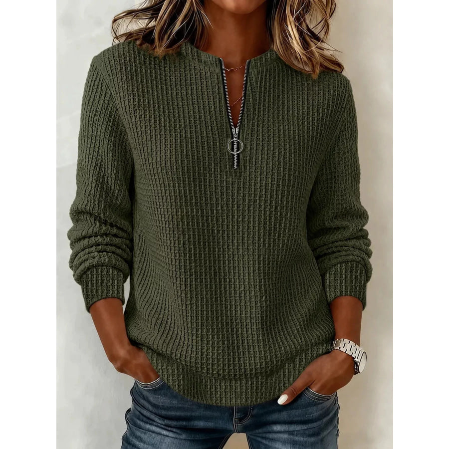 Full Size Quarter-Zip Waffle Knit Sweatshirt Plus Army Green / S Apparel and Accessories