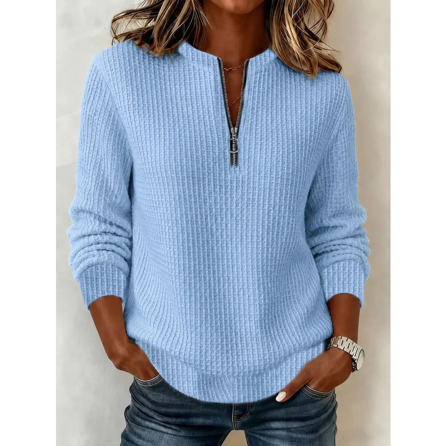 Full Size Quarter-Zip Waffle Knit Sweatshirt Plus Blue / S Apparel and Accessories