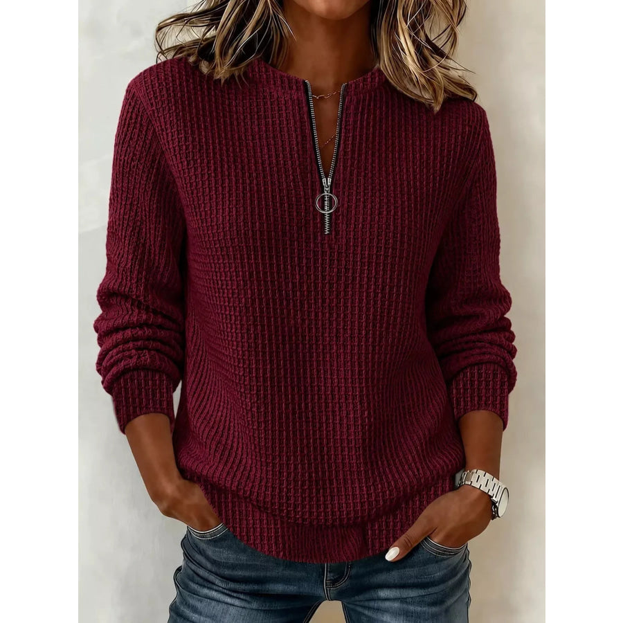 Full Size Quarter-Zip Waffle Knit Sweatshirt Plus Burgundy / S Apparel and Accessories