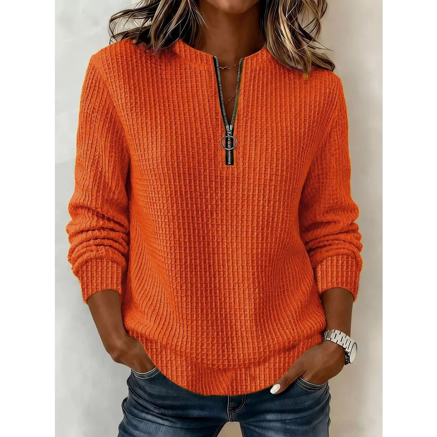 Full Size Quarter-Zip Waffle Knit Sweatshirt Plus Orange-red / S Apparel and Accessories