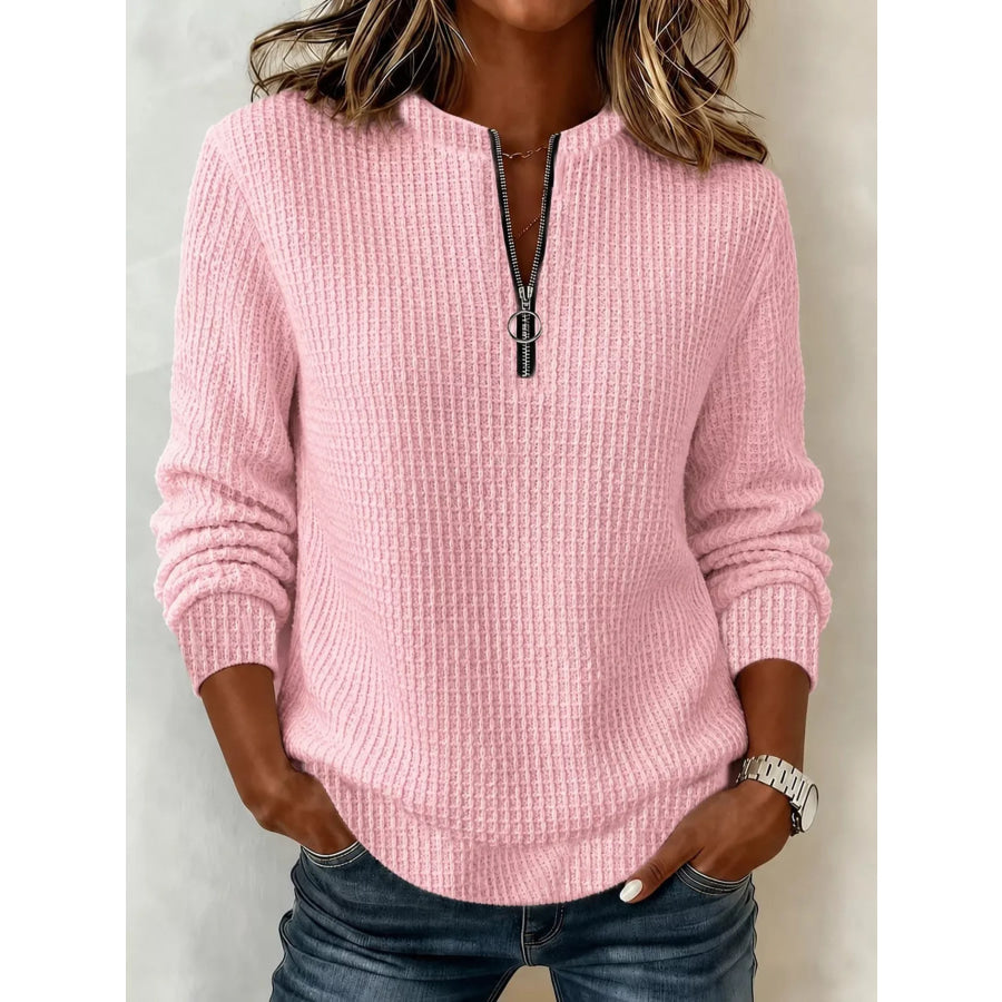 Full Size Quarter-Zip Waffle Knit Sweatshirt Plus Pink / S Apparel and Accessories