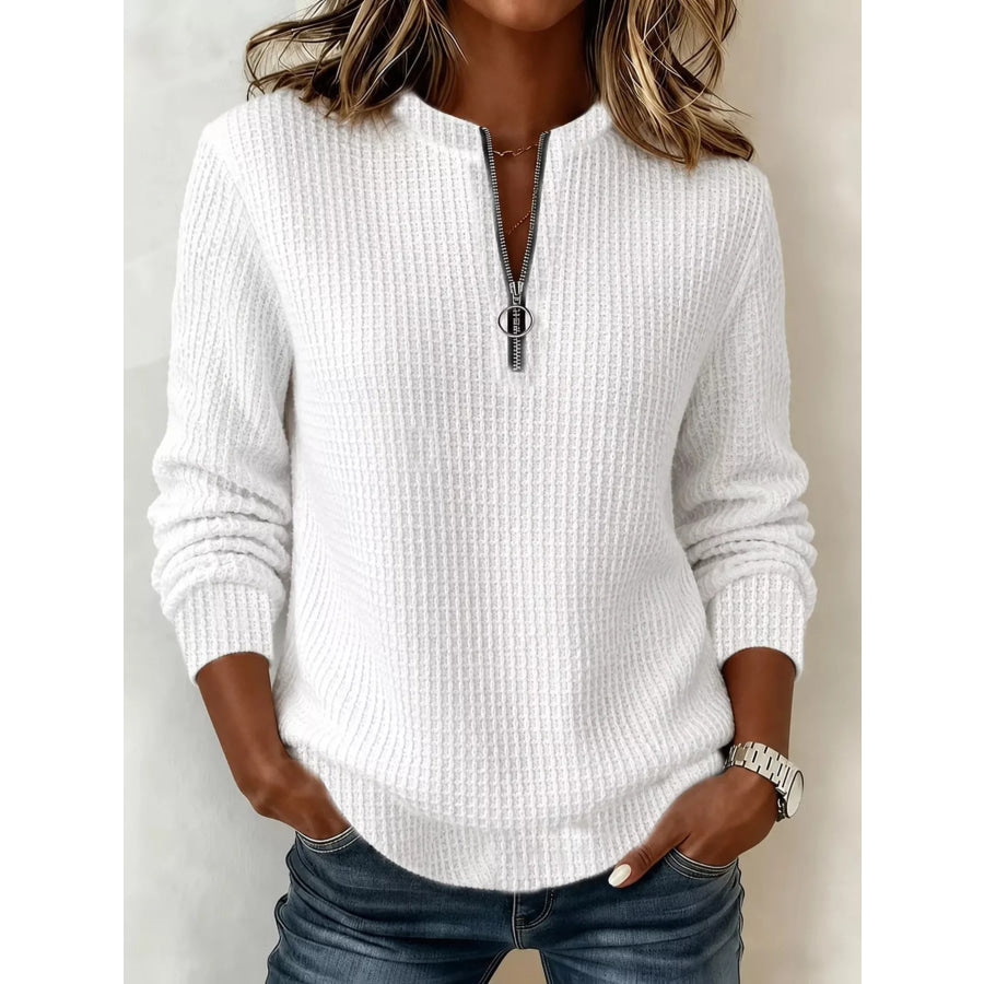 Full Size Quarter-Zip Waffle Knit Sweatshirt Plus White / S Apparel and Accessories