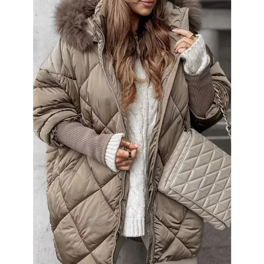 Full Size Quilted Faux Fur Hood Puffer Outerwear Plus Apparel and Accessories