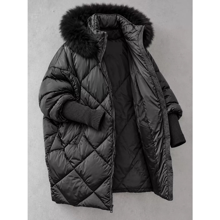 Full Size Quilted Faux Fur Hood Puffer Outerwear Plus Apparel and Accessories