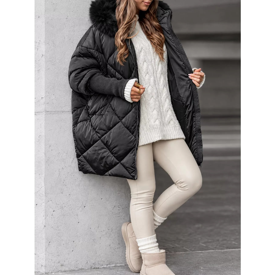 Full Size Quilted Faux Fur Hood Puffer Outerwear Plus Black / S Apparel and Accessories