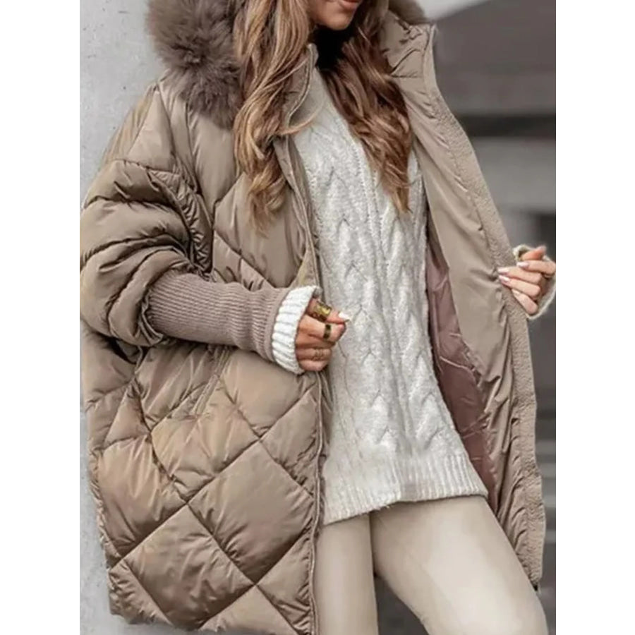 Full Size Quilted Faux Fur Hood Puffer Outerwear Plus Camel / S Apparel and Accessories