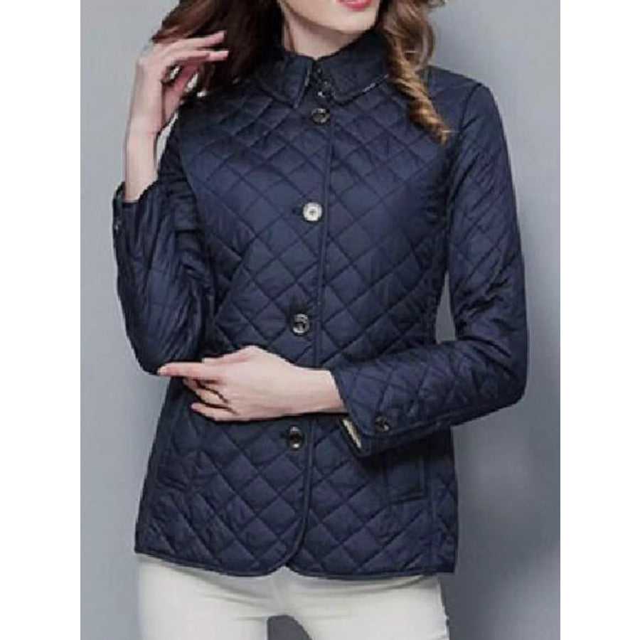 Full Size Quilted Lightweight Button-Down Jacket Plus Dark Blue / S Apparel and Accessories