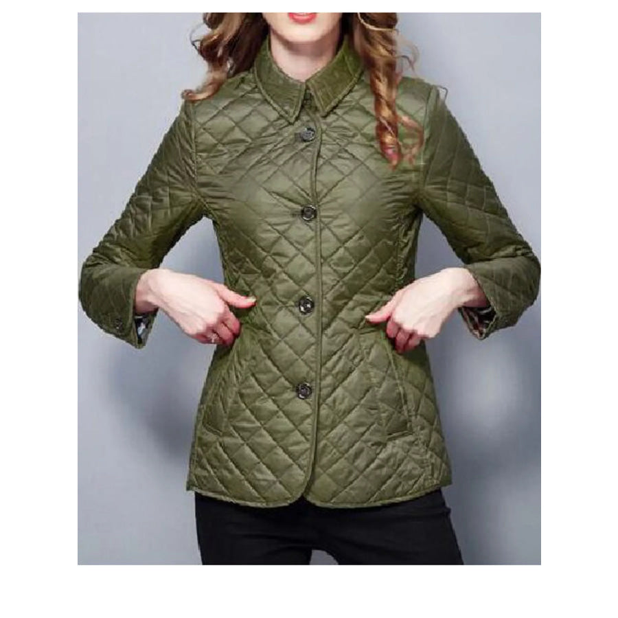 Full Size Quilted Lightweight Button-Down Jacket Plus Green / S Apparel and Accessories