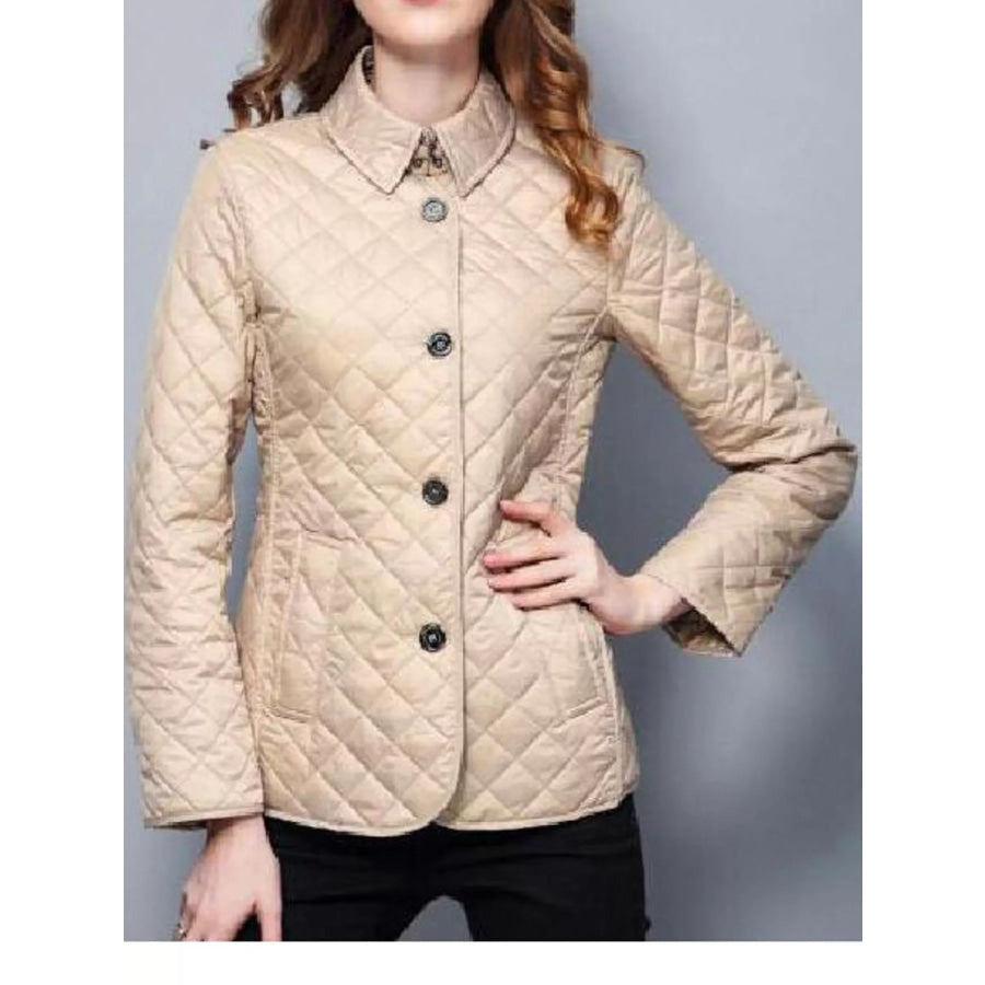 Full Size Quilted Lightweight Button-Down Jacket Plus Khaki / S Apparel and Accessories