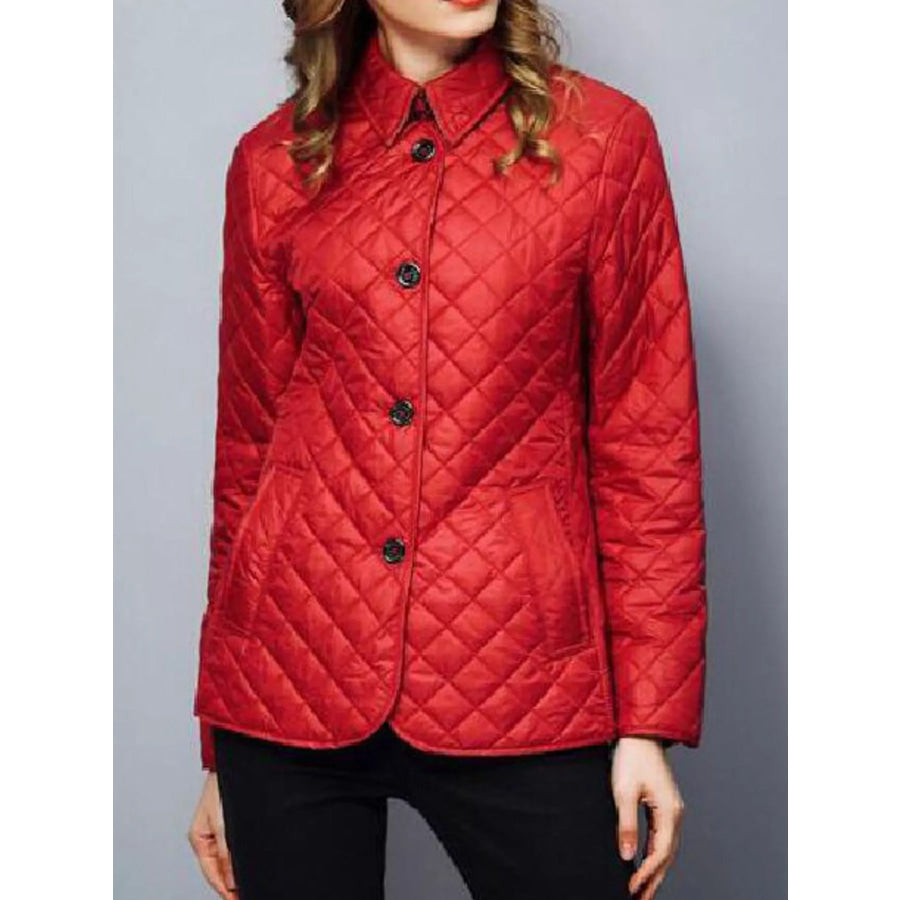 Full Size Quilted Lightweight Button-Down Jacket Plus Red / S Apparel and Accessories