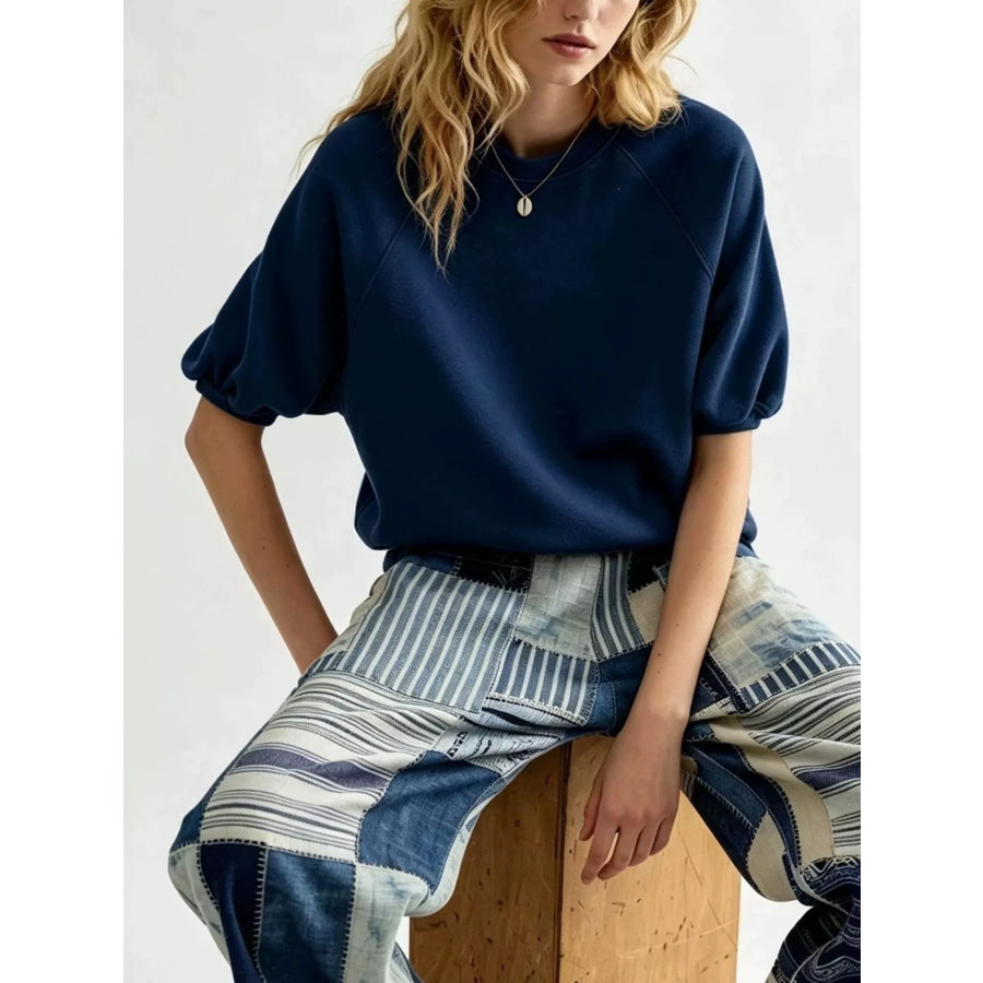 Full Size Raglan Short-Sleeve Sweatshirt Plus Navy / S Apparel and Accessories