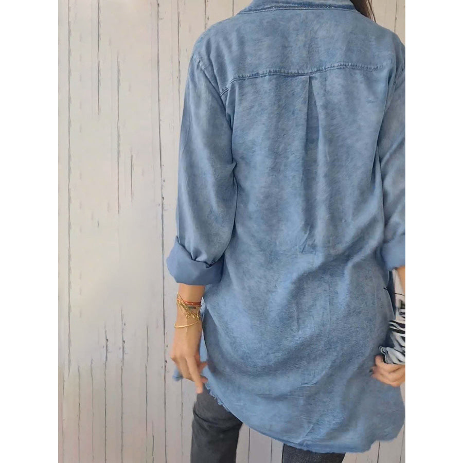 Full Size Raw Hem Button Up Long Sleeve Denim Top Plus Size Light / S Apparel and Accessories
