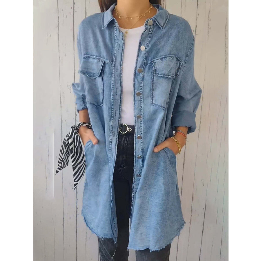 Full Size Raw Hem Button Up Long Sleeve Denim Top Plus Size Light / S Apparel and Accessories
