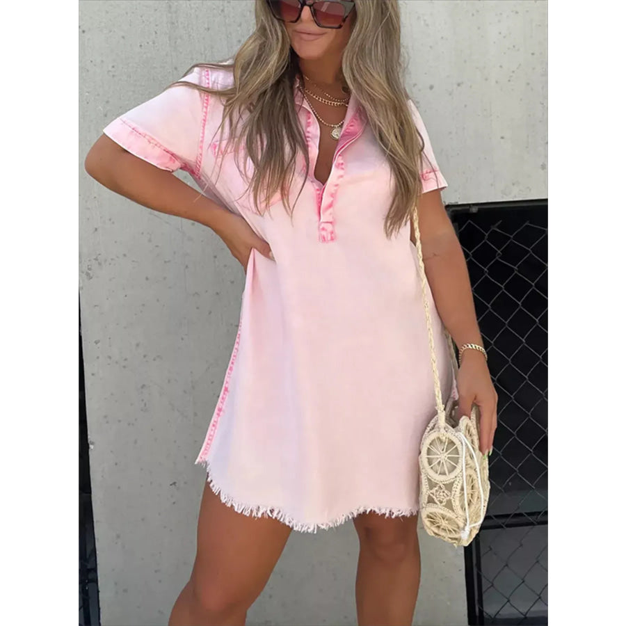 Full Size Raw Hem Short Sleeve Dress Plus Size Pink / S Apparel and Accessories