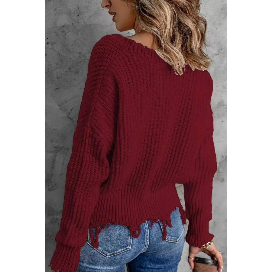 Full Size Raw Hem V-Neck Sweater Plus Apparel and Accessories