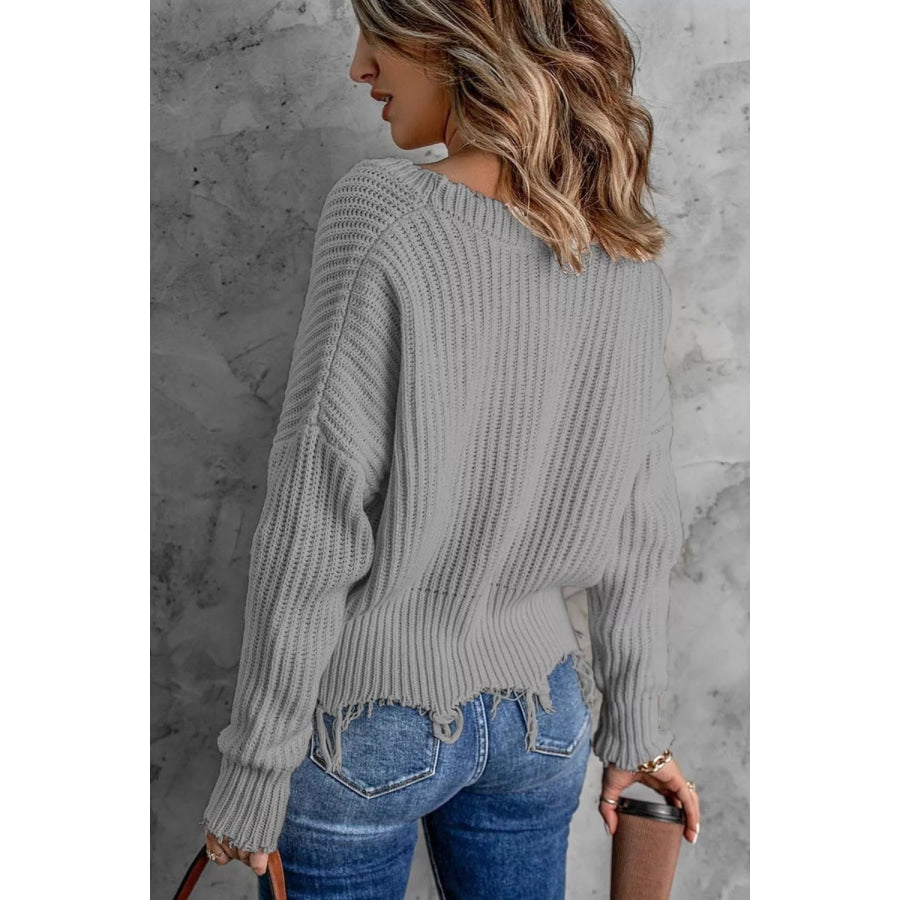 Full Size Raw Hem V-Neck Sweater Plus Apparel and Accessories