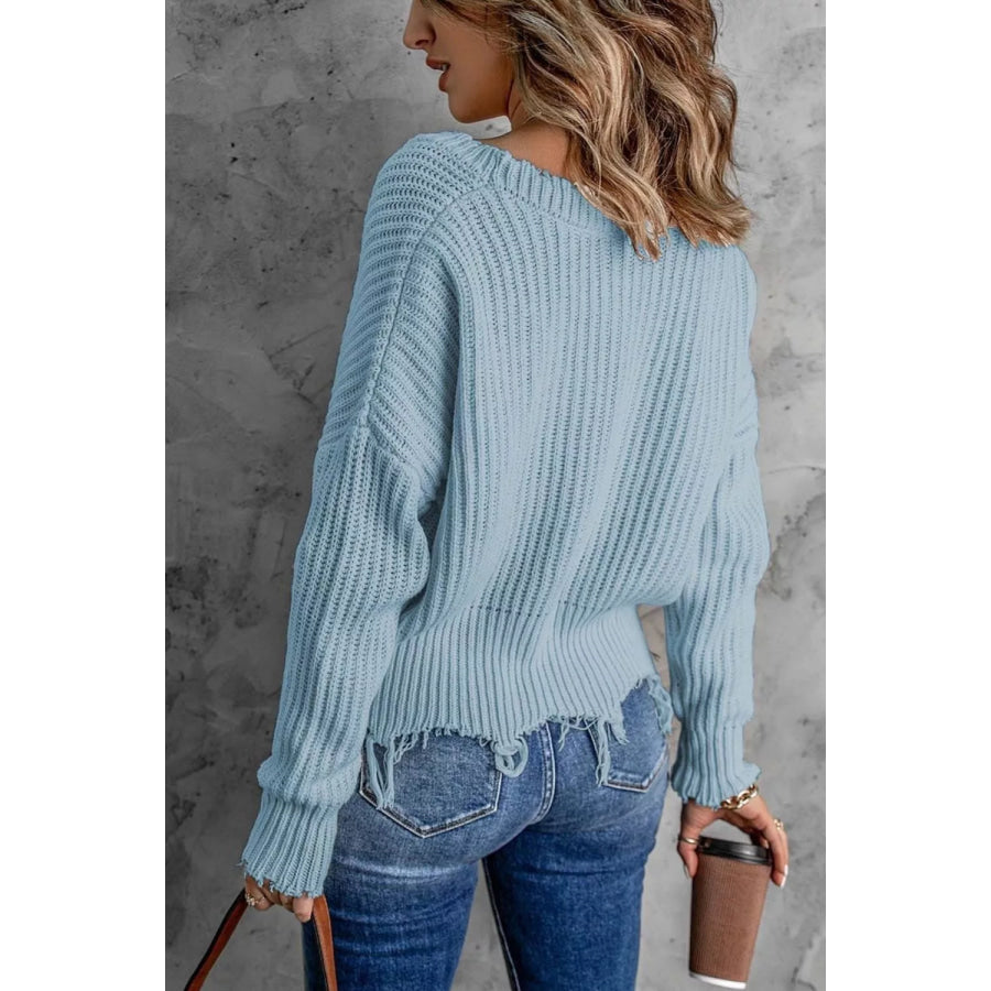Full Size Raw Hem V-Neck Sweater Plus Apparel and Accessories