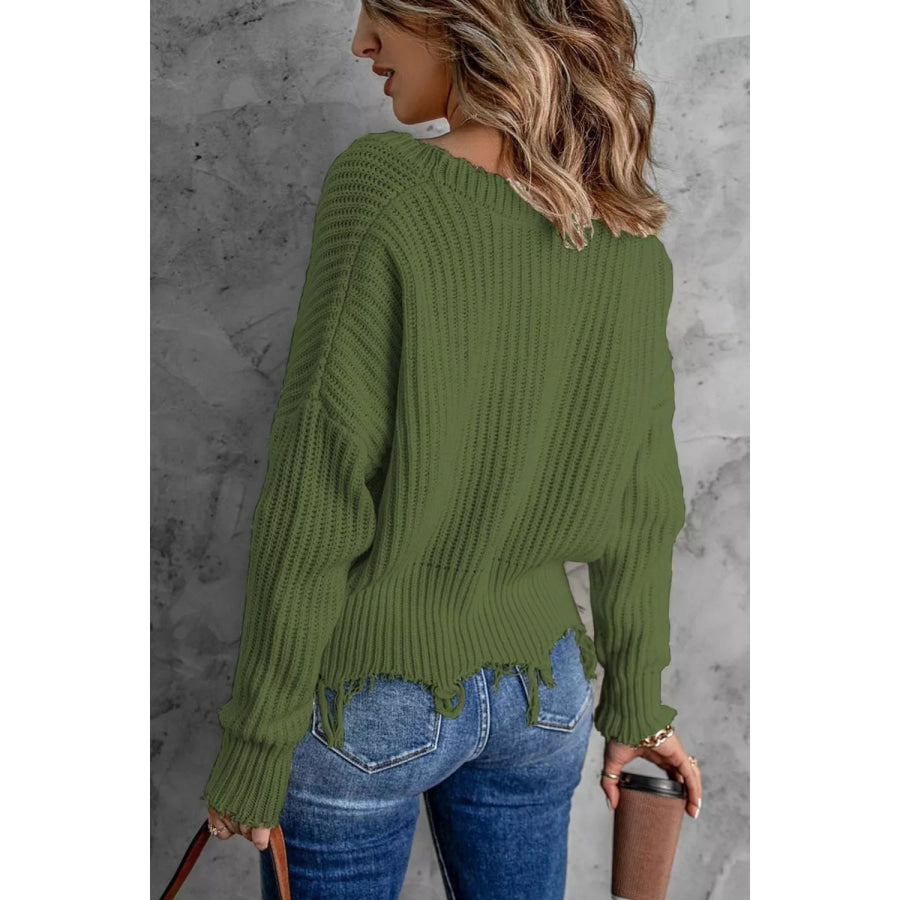 Full Size Raw Hem V-Neck Sweater Plus Apparel and Accessories