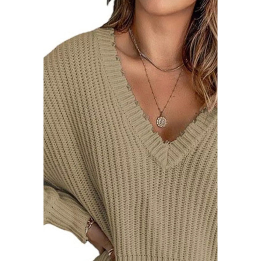 Full Size Raw Hem V-Neck Sweater Plus Apparel and Accessories