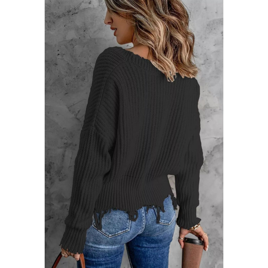 Full Size Raw Hem V-Neck Sweater Plus Apparel and Accessories
