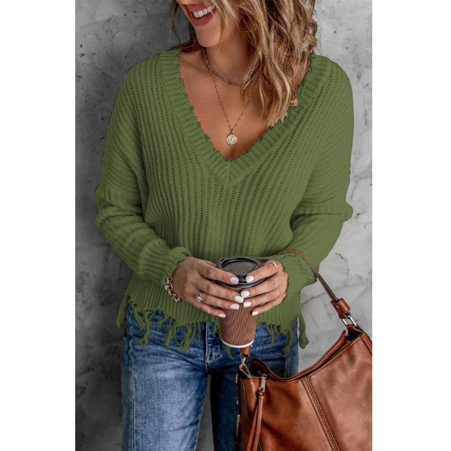 Full Size Raw Hem V-Neck Sweater Plus Army Green / S Apparel and Accessories
