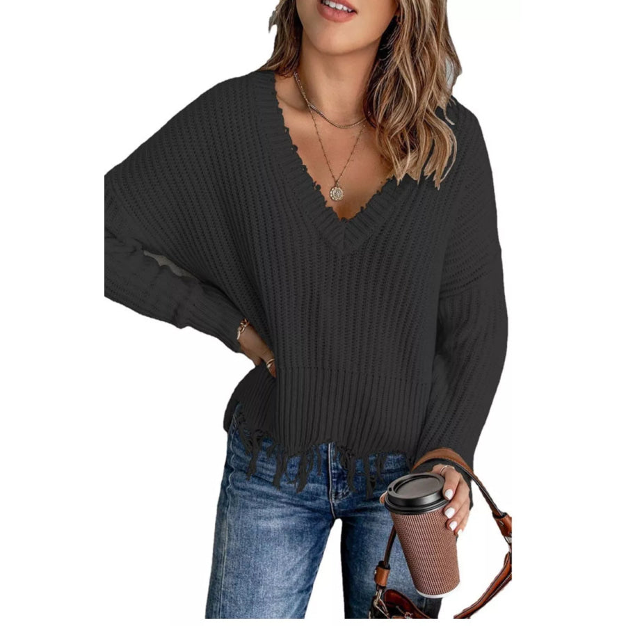 Full Size Raw Hem V-Neck Sweater Plus Black / S Apparel and Accessories