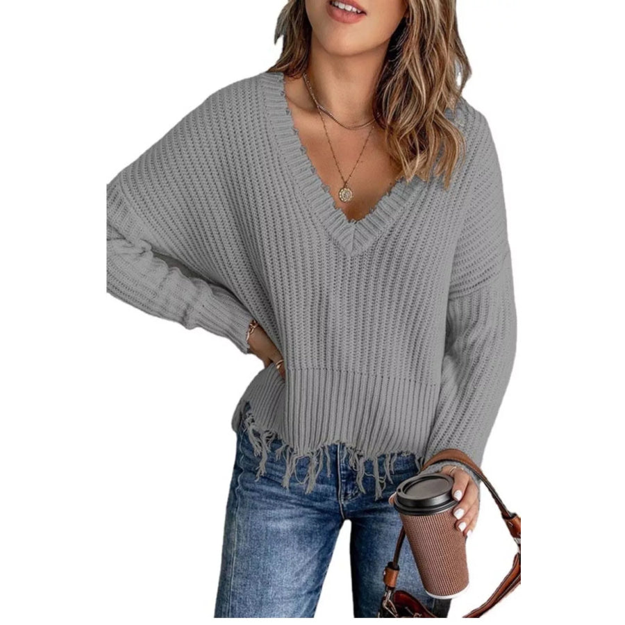 Full Size Raw Hem V-Neck Sweater Plus Gray / S Apparel and Accessories