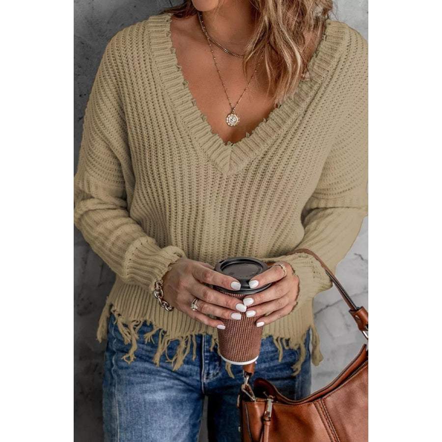 Full Size Raw Hem V-Neck Sweater Plus Khaki / S Apparel and Accessories