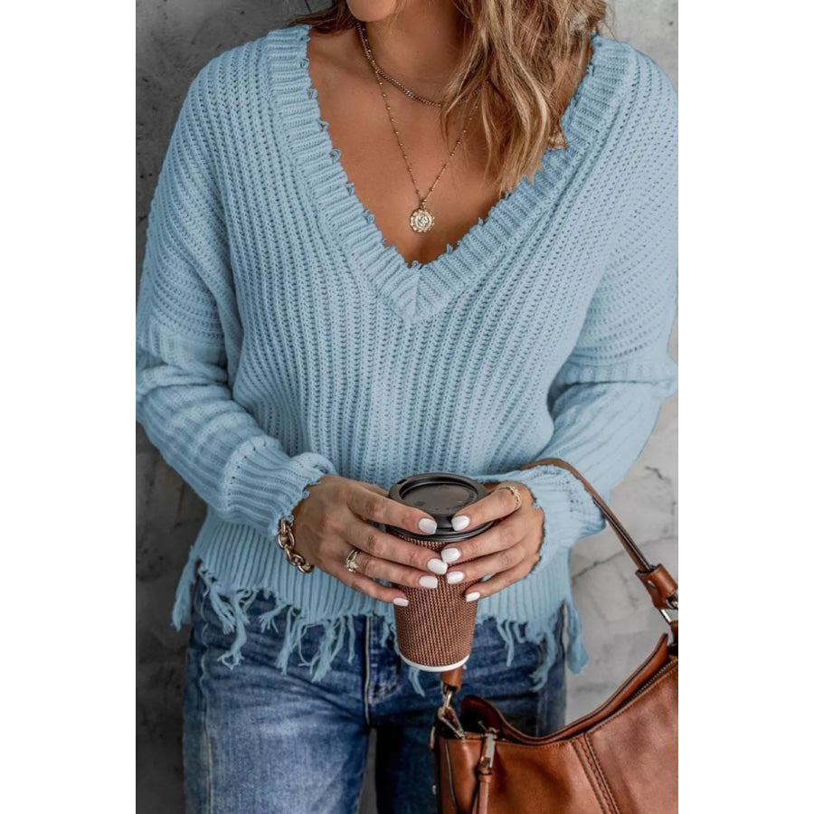 Full Size Raw Hem V-Neck Sweater Plus Light Blue / S Apparel and Accessories