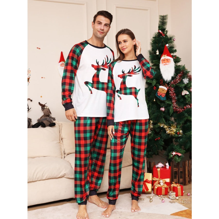Full Size Reindeer Graphic Top and Plaid Pants Set