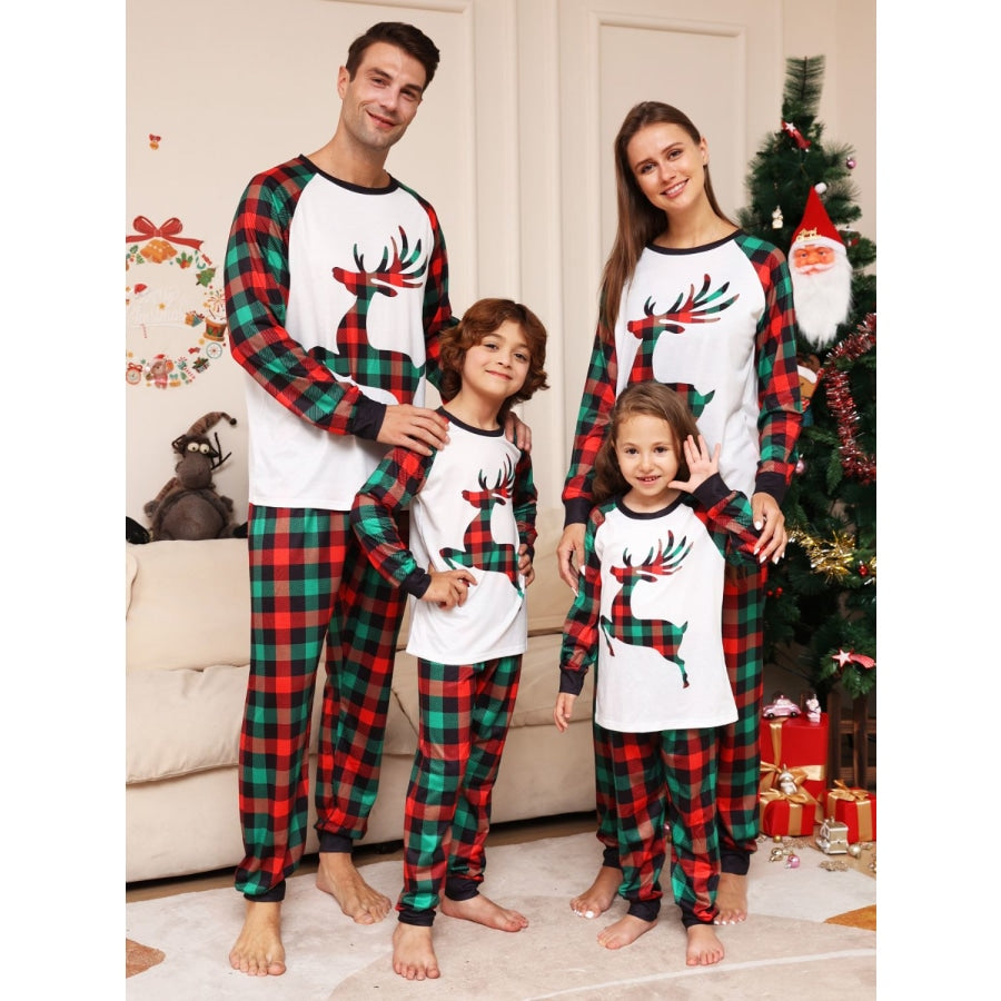 Full Size Reindeer Graphic Top and Plaid Pants Set