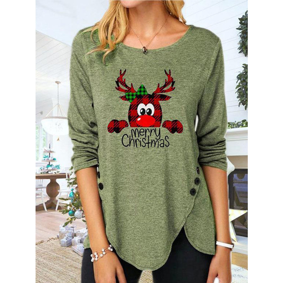Full Size Reindeer Round Neck Long Sleeve T-Shirt Matcha Green / S Apparel and Accessories