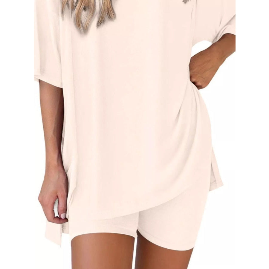 Full Size Relaxed Fit Round Neck Top and Shorts Two-Piece Set Plus Size Apparel and Accessories