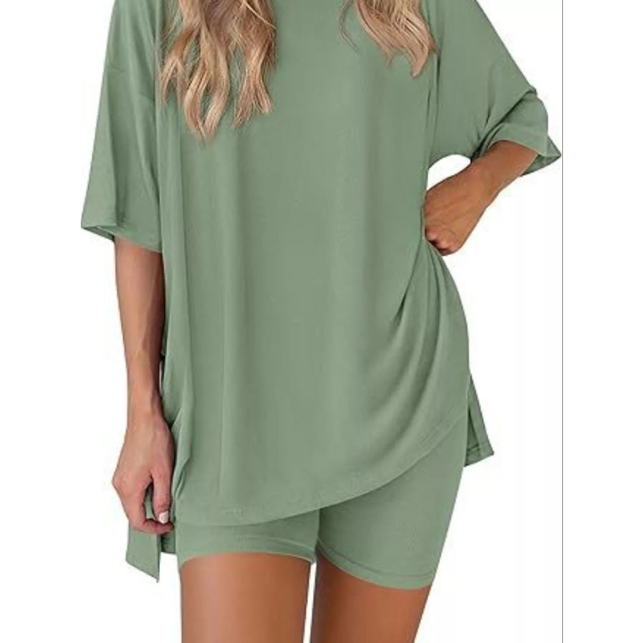 Full Size Relaxed Fit Round Neck Top and Shorts Two-Piece Set Plus Size Apparel and Accessories