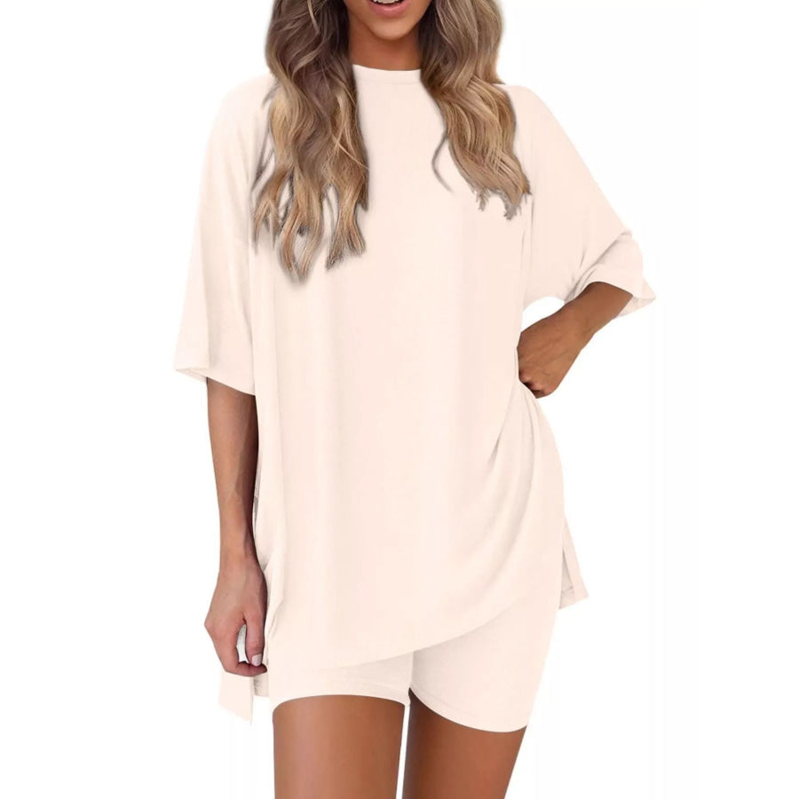 Full Size Relaxed Fit Round Neck Top and Shorts Two-Piece Set Plus Size Apparel and Accessories