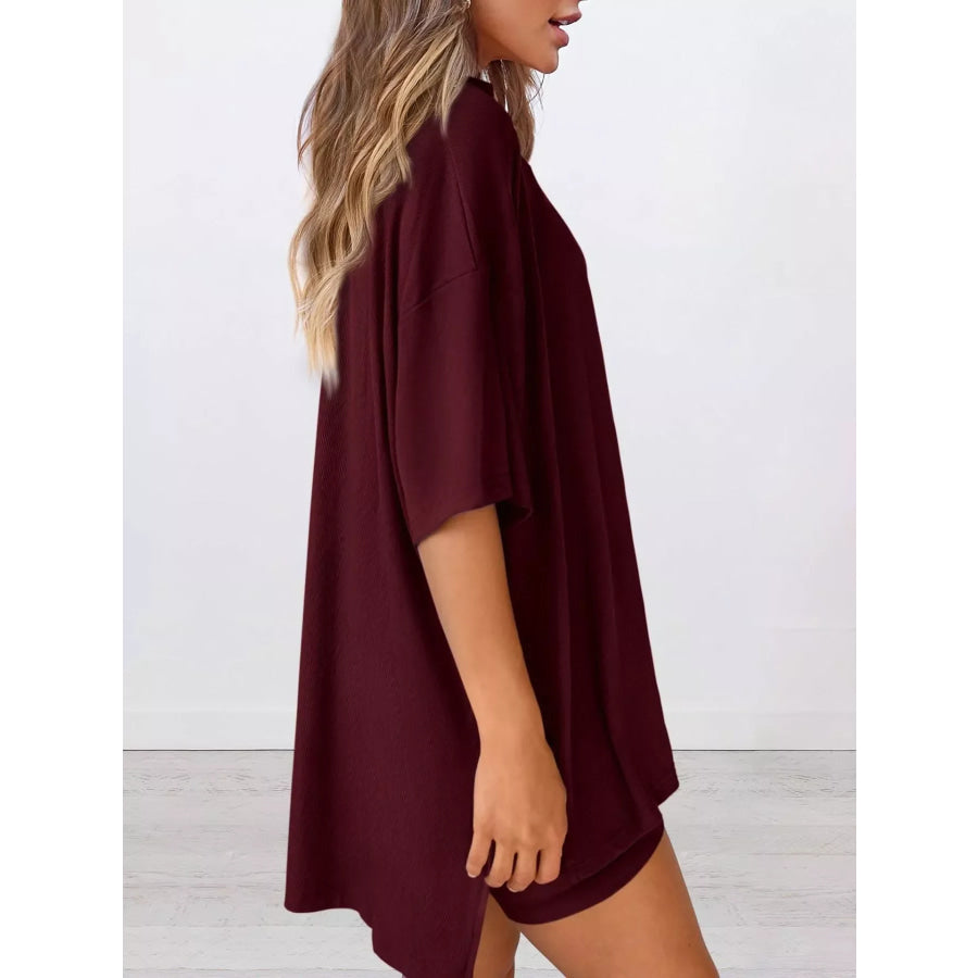 Full Size Relaxed Fit Round Neck Top and Shorts Two-Piece Set Plus Size Apparel and Accessories