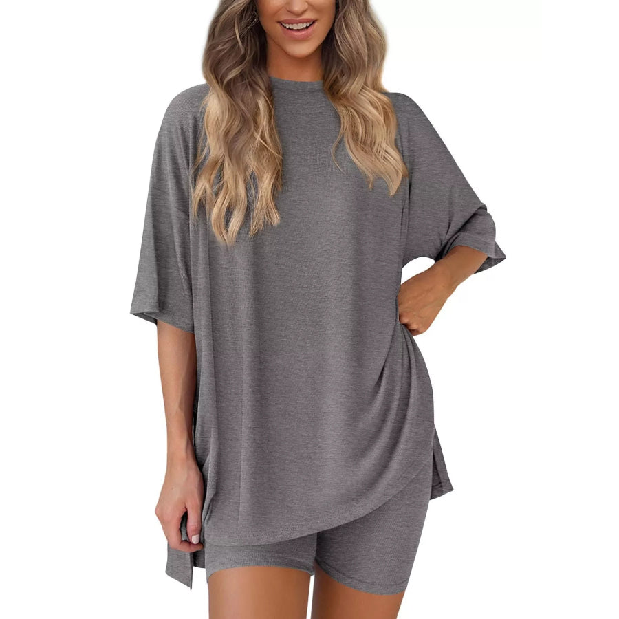 Full Size Relaxed Fit Round Neck Top and Shorts Two-Piece Set Plus Size Apparel and Accessories