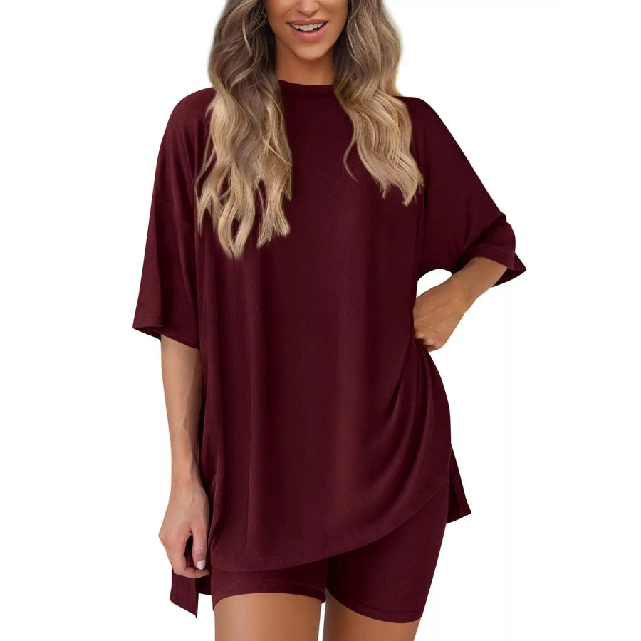 Full Size Relaxed Fit Round Neck Top and Shorts Two-Piece Set Plus Size Apparel and Accessories