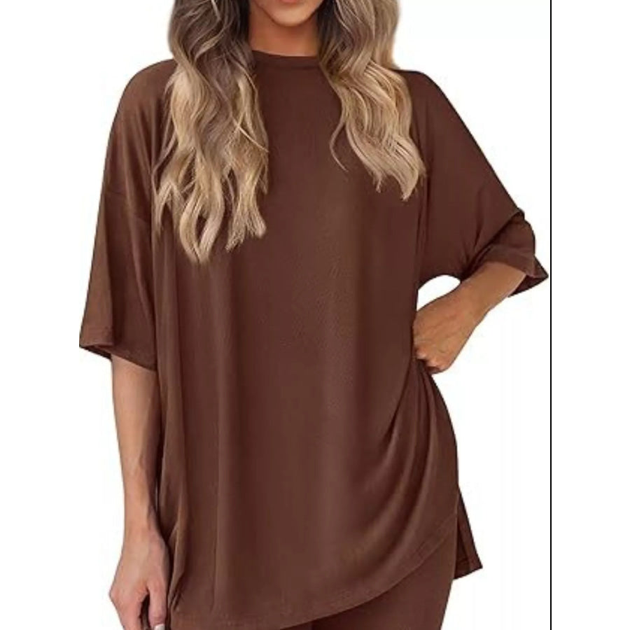 Full Size Relaxed Fit Round Neck Top and Shorts Two-Piece Set Plus Size Apparel and Accessories