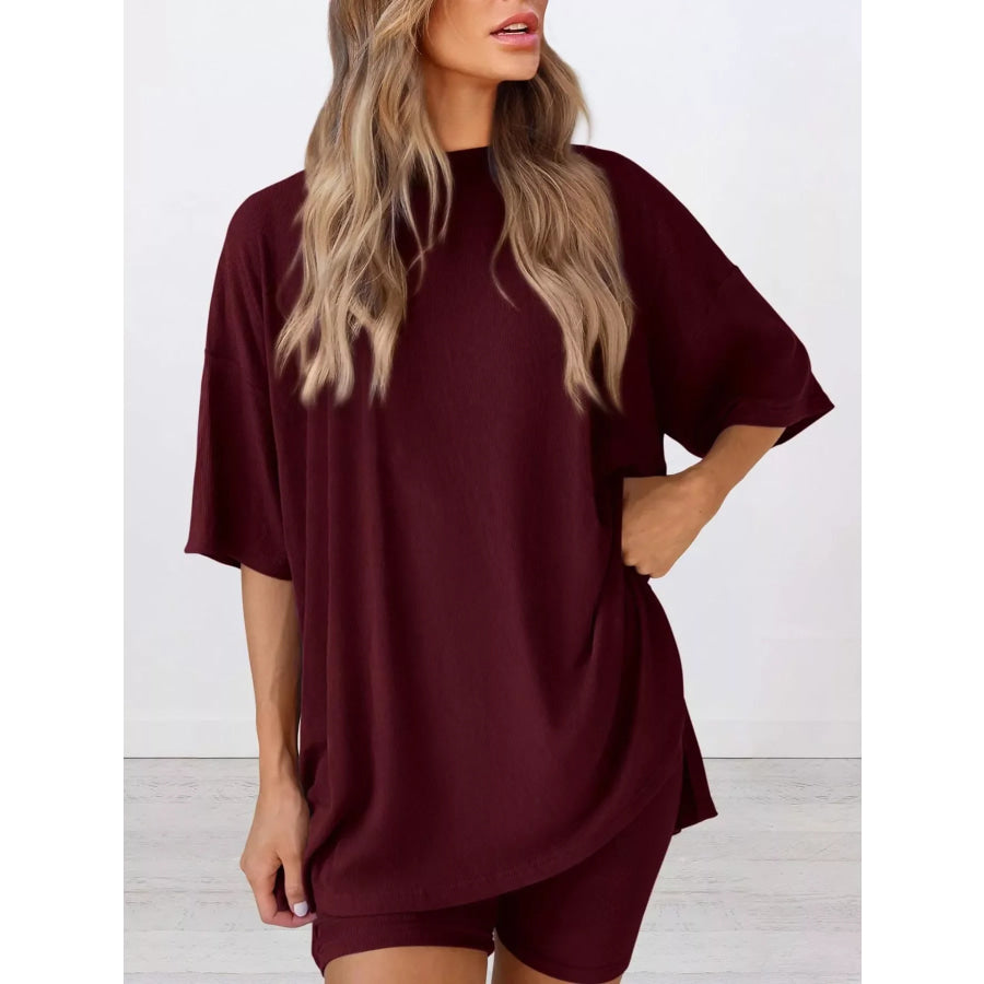 Full Size Relaxed Fit Round Neck Top and Shorts Two-Piece Set Plus Size Apparel and Accessories