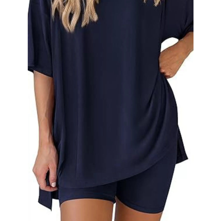 Full Size Relaxed Fit Round Neck Top and Shorts Two-Piece Set Plus Size Apparel and Accessories