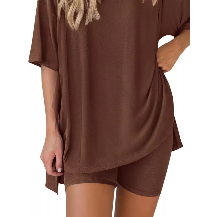 Full Size Relaxed Fit Round Neck Top and Shorts Two-Piece Set Plus Size Apparel and Accessories