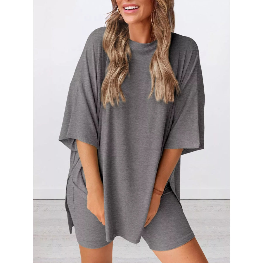 Full Size Relaxed Fit Round Neck Top and Shorts Two-Piece Set Plus Size Apparel and Accessories