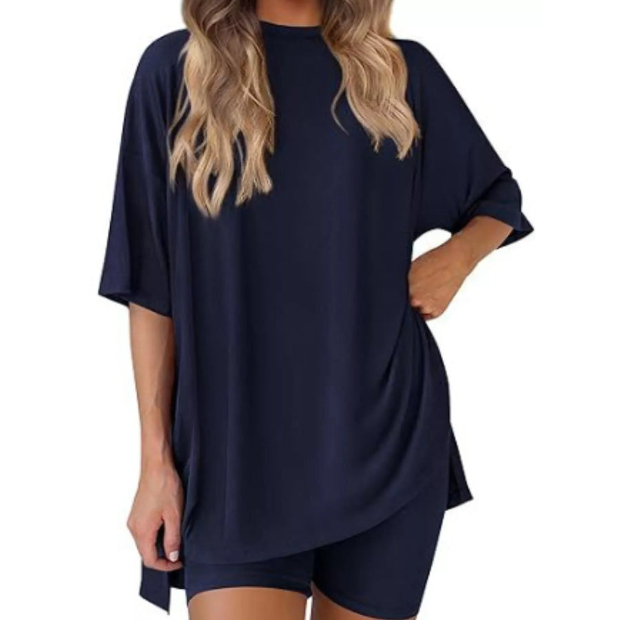 Full Size Relaxed Fit Round Neck Top and Shorts Two-Piece Set Plus Size Apparel and Accessories