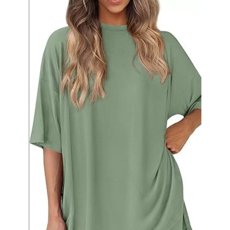 Full Size Relaxed Fit Round Neck Top and Shorts Two-Piece Set Plus Size Apparel and Accessories