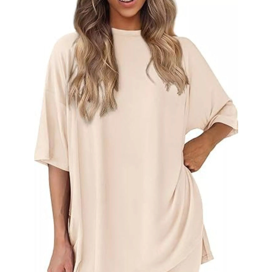 Full Size Relaxed Fit Round Neck Top and Shorts Two-Piece Set Plus Size Beige / XS Apparel and Accessories