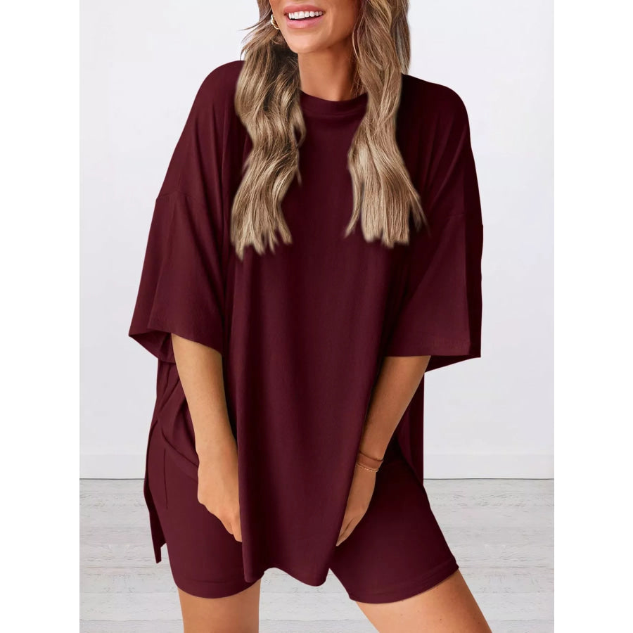 Full Size Relaxed Fit Round Neck Top and Shorts Two-Piece Set Plus Size Burgundy / XS Apparel and Accessories