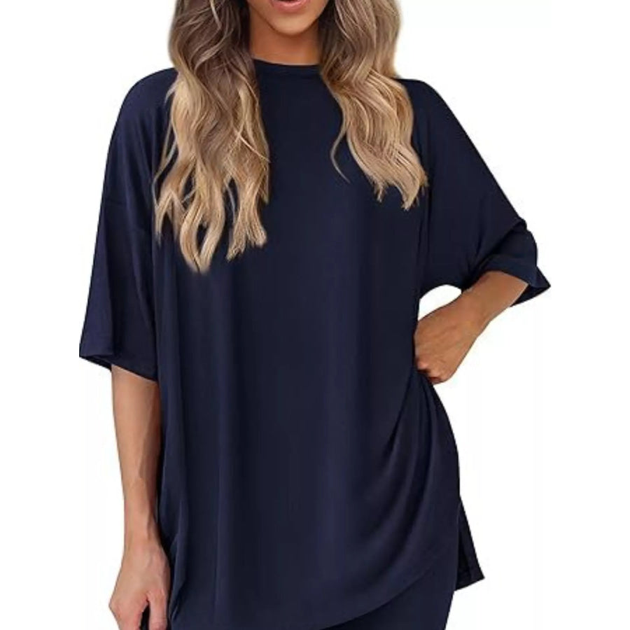 Full Size Relaxed Fit Round Neck Top and Shorts Two-Piece Set Plus Size Dark Blue / XS Apparel and Accessories