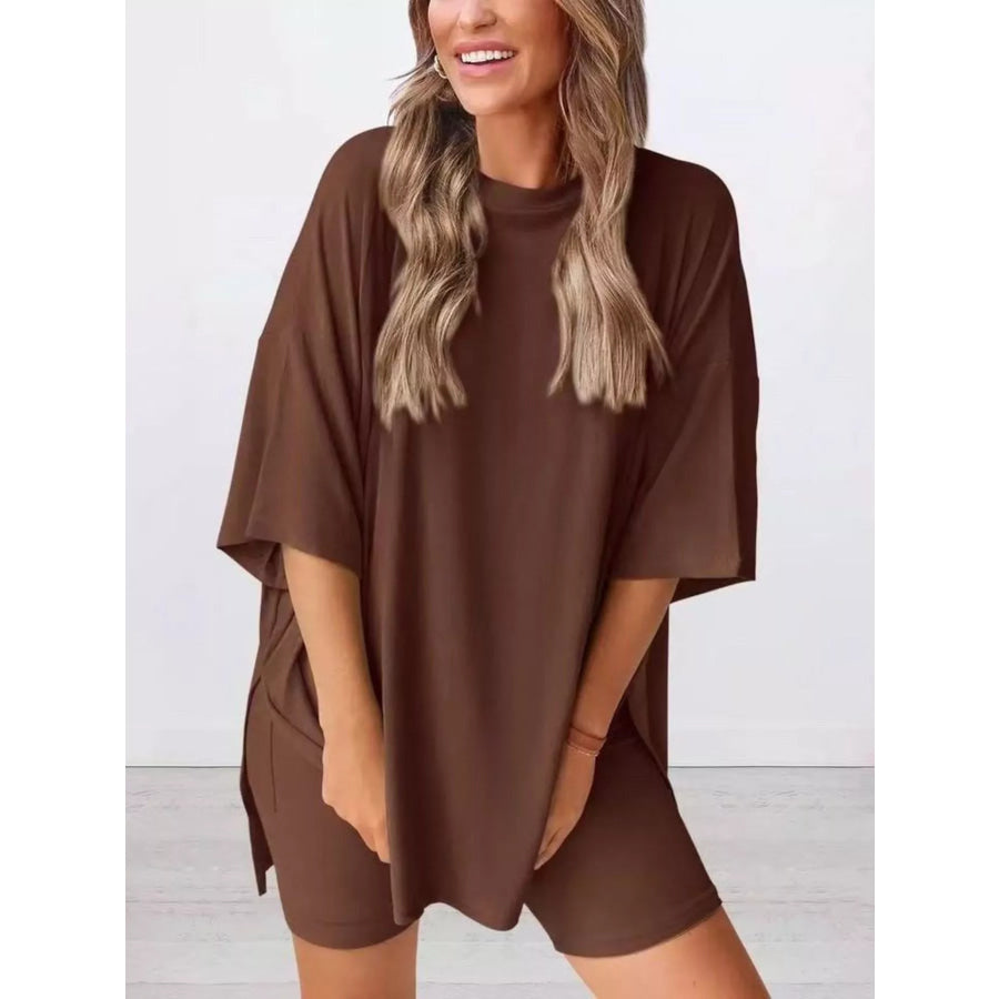 Full Size Relaxed Fit Round Neck Top and Shorts Two-Piece Set Plus Size Dark Brown / XS Apparel and Accessories